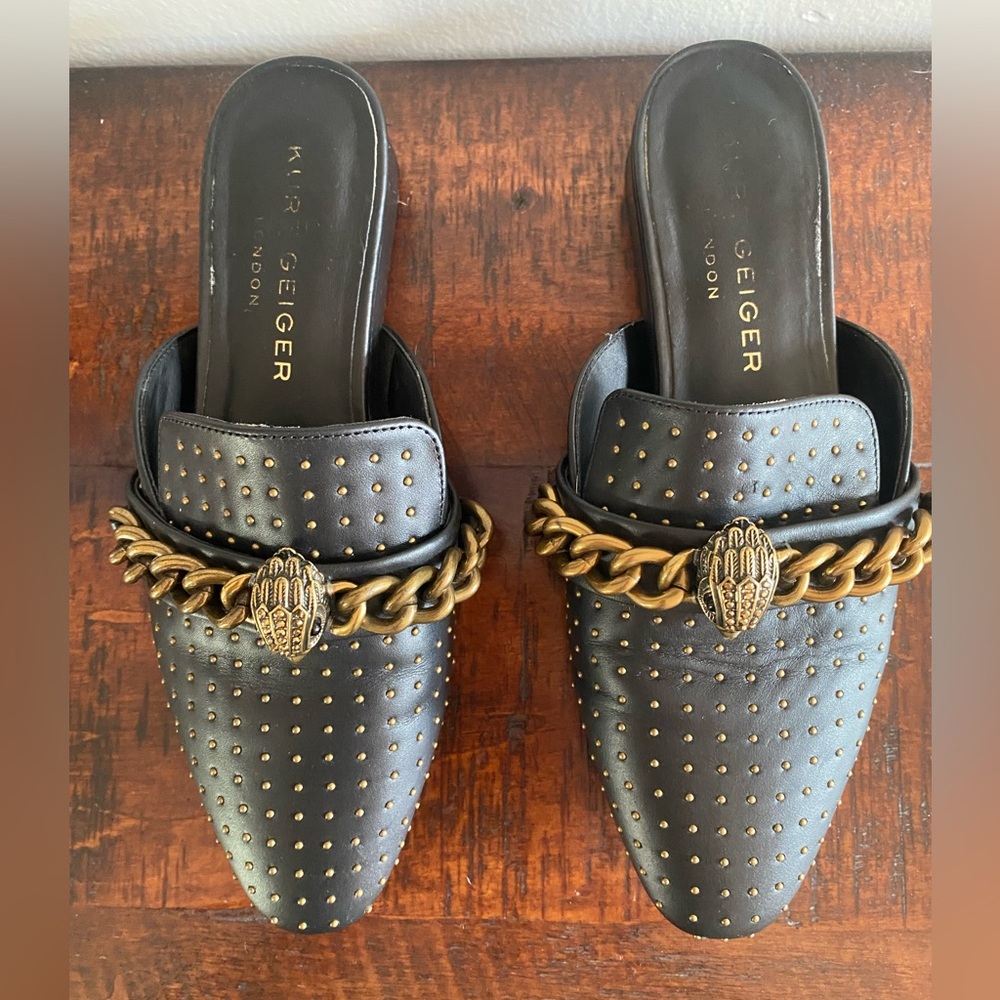 Kurt Geiger Black and Gold Chain Flats